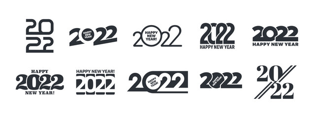 2022 Happy New Year Logo Vector Different Text Design Templates Collection Isolated On White Background. Variations Of Happy New Years Typographic Design Elements Set - obrazy, fototapety, plakaty