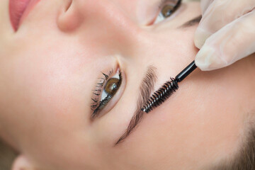 A young woman undergoes the procedure of eyebrow correction, henna staining, lamination. Close-up.