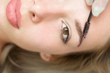 A young woman undergoes the procedure of eyebrow correction, henna staining, lamination. Close-up....