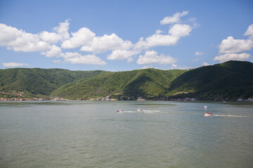 Fototapeta na wymiar Danube River cruise ship , beautiful nature landscape, destination Serbia.