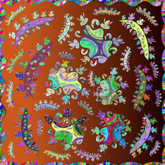 Seamless pattern with interesting doodles on colorfil background. Raster illustration.