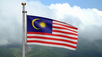 3D, Malaysian flag waving on wind. Closeup of Malaysia banner blowing soft silk.