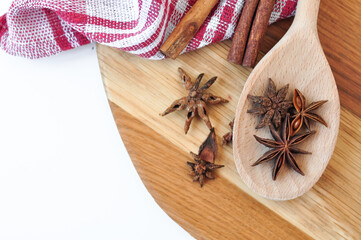 Cinnamon sticks and anise stars on the spoon
