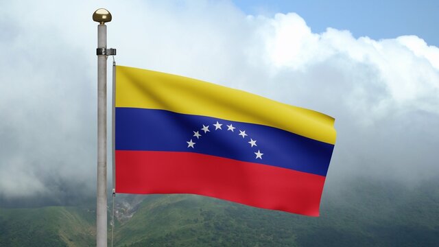 3D, Venezuelan flag waving on wind. Close up Venezuela banner blowing soft silk.