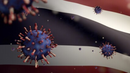 3D, Flu coronavirus floating over Thai flag. Thailand and pandemic Covid 19