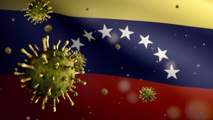 3D, Venezuelan flag waving with Coronavirus outbreak. Venezuela Covid 19