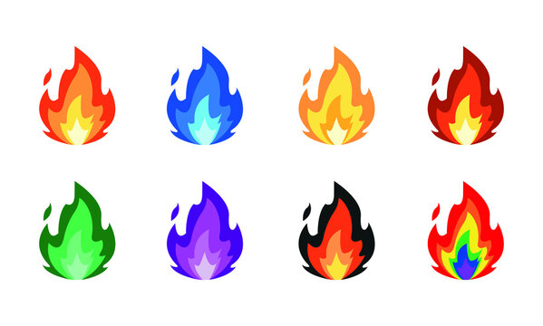 Set of lit fire flame emoji in different colors vector