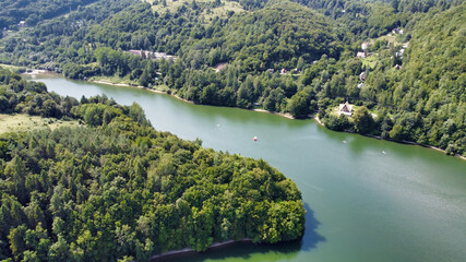 View of the Ruzin reservoir on the outskirts of Kosice. River and trees on the mountains. Slovakia. Europe