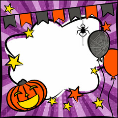 Pop art frame with comic Pumpkin, stars and balloons. Bright Template with hanging spider, flags and white cloud frame for a poster or banner . Vector illustration on the Halloween party or ads.