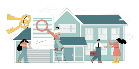 Real estate concept. House search, realtor services. The choice of an apartment, housing. Rent terms. Vector illustration on white background.