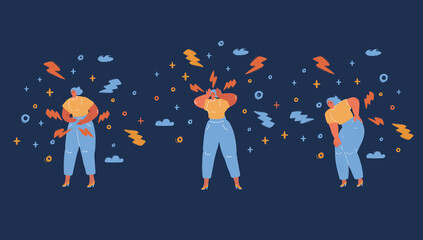 Vector illustration of Headache, stomach and backpain woman over dark backround.
