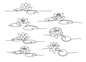 Line art water lily. Set of minimal lotus with leaves. 
