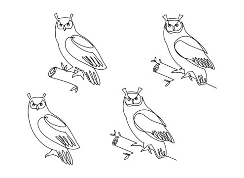 Set of line owl, bird sits on a tree