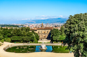 Fototapeta premium View of the Boboli Gardens, with the back façade of Pitti palace, Florence in the background, Florence city center, Tuscany region, Italy