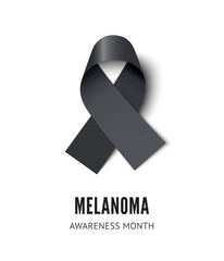 Melanoma cancer awareness ribbon vector illustration isolated on white background. Realistic vector black silk ribbon with loop