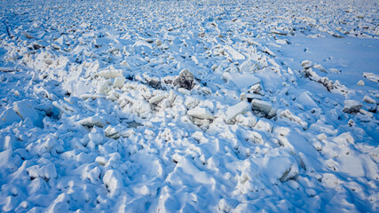Ice jam on river in winter. Vistula river in winter.