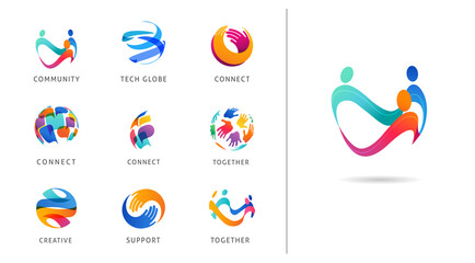 Logo set, creative, technology, biotechnology, tech icons concept design. Colorful abstract logos of creativity, community, ideas and support 