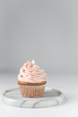 Vanilla cupcake with a tall swirl of pink frosting, plain cupcake with pastel pink buttercream