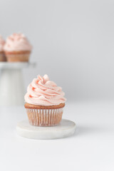 Vanilla cupcake with a tall swirl of pink frosting, plain cupcake with pastel pink buttercream