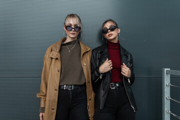 Vogue two fashionable young women in stylish sunglasses in leather jackets with black jeans posing near a metal wall on the street - obrazy, fototapety, plakaty