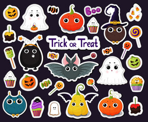 Set of cartoon Halloween stickers. Halloween characters stickers. Candies, treats many types spooky dessert. Halloween candy stickers. Candy corn, pumpkins, eyeballs. Black cat, bat, funny pumpkins.