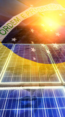 Energy Power Crisis in Brazil Double exposure Image with money, flag and photovoltaic solar panel....