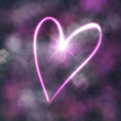 abstract background heart pink in dark clouds sky glowind flash light