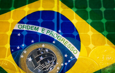 Energy Power Crisis in Brazil Double exposure Image with money, flag and photovoltaic solar panel....