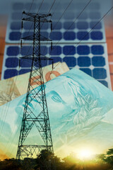 Energy Power Crisis in Brazil Double exposure Image with money, flag and photovoltaic solar panel....