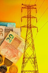 Energy Power Crisis in Brazil Double exposure Image with money, flag and photovoltaic solar panel....