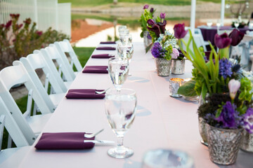 simple outdoor wedding reception table with purple napkins, green succulents, white chairs and water glasses