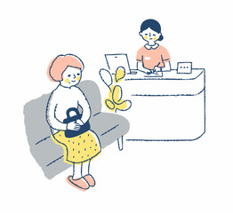 病院の待合室　看護師と女性患者