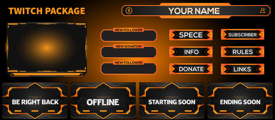 Fototapeta na wymiar Orange Live Stream Gaming facecam, overlay, alert, panal, screen full Package Element Design for gamer