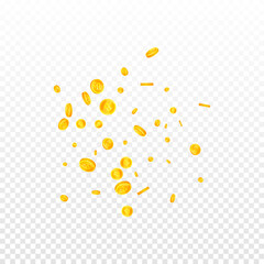 Bitcoin, internet currency coins falling. Amazing scattered BTC coins. Cryptocurrency, digital money. Curious jackpot, wealth or success concept. Vector illustration.