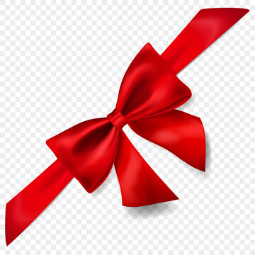 Beautiful red bow with diagonally ribbon with shadow, isolated on transparent background. Transparency only in vector format
