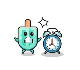 Cartoon Illustration of popsicles is surprised with a giant alarm clock