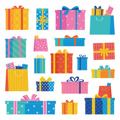 Set of gift boxes isolated on white background. Beautiful boxes tied with ribbons. Vector illustration in flat style