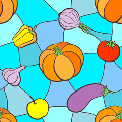 Seamless pattern with vegetables in stained glass style. Pumpkin, eggplant, pepper, apple, tomato, garlic and onion. Vector illustration