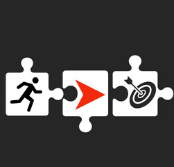 Illustration of businessman icon moving forward to the goals concept on a white jigsaw puzzle.