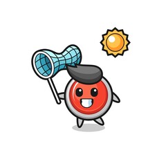 emergency panic button mascot illustration is catching butterfly