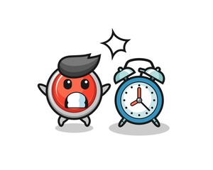 Cartoon Illustration of emergency panic button is surprised with a giant alarm clock