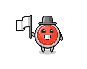 Cartoon character of emergency panic button holding a flag