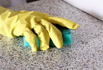 Closeup hand in glove with sponge clean cleaning housework washing domestic no dirty hygiene