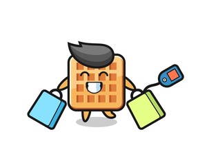 waffle mascot cartoon holding a shopping bag