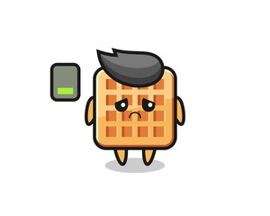 waffle mascot character doing a tired gesture