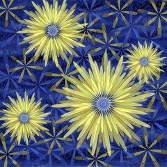 An abstract illustration featuring blue and yellow geometric star-flowers on a patterned blue background