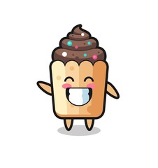 cupcake cartoon character doing wave hand gesture