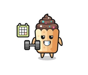 cupcake mascot cartoon doing fitness with dumbbell