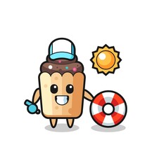 Cartoon mascot of cupcake as a beach guard