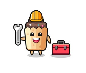 Mascot cartoon of cupcake as a mechanic